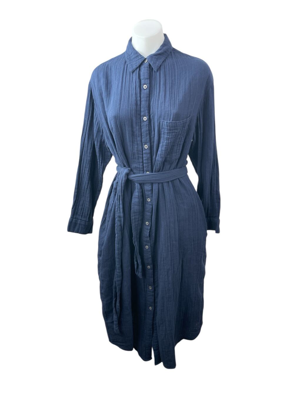 Mara Hoffman Navy Blue Long Sleeve Button Down Pocket Tie Midi Shirt Dress XXS